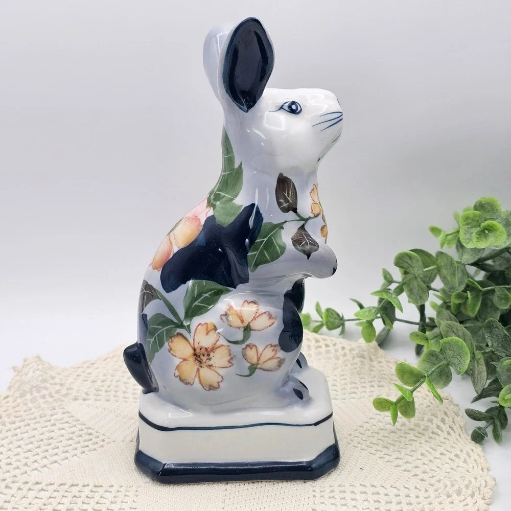 Vintage Andrea by Sadek Porcelain Bunny Rabbit Blue Floral Butterfly Figurine